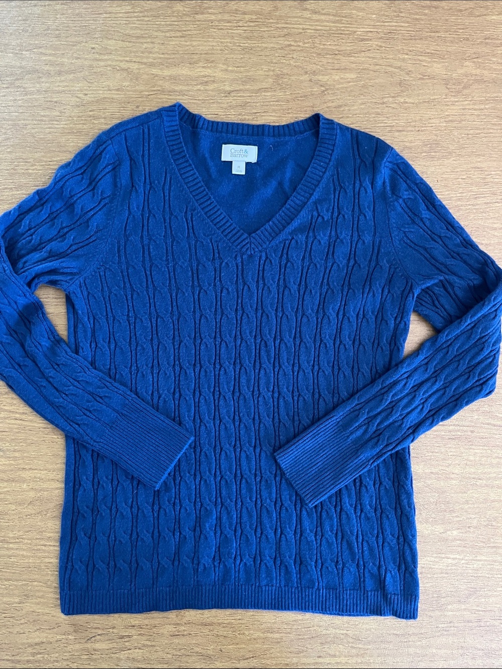croft & barrow Super Soft Royal Blue Cable V-Neck Sweater, Rib Knit Trim, Sz M